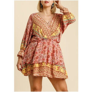 Umgee Floral Border Print Layered Mini Dress Boho Gypsy Rose Pink Plus Size 1X